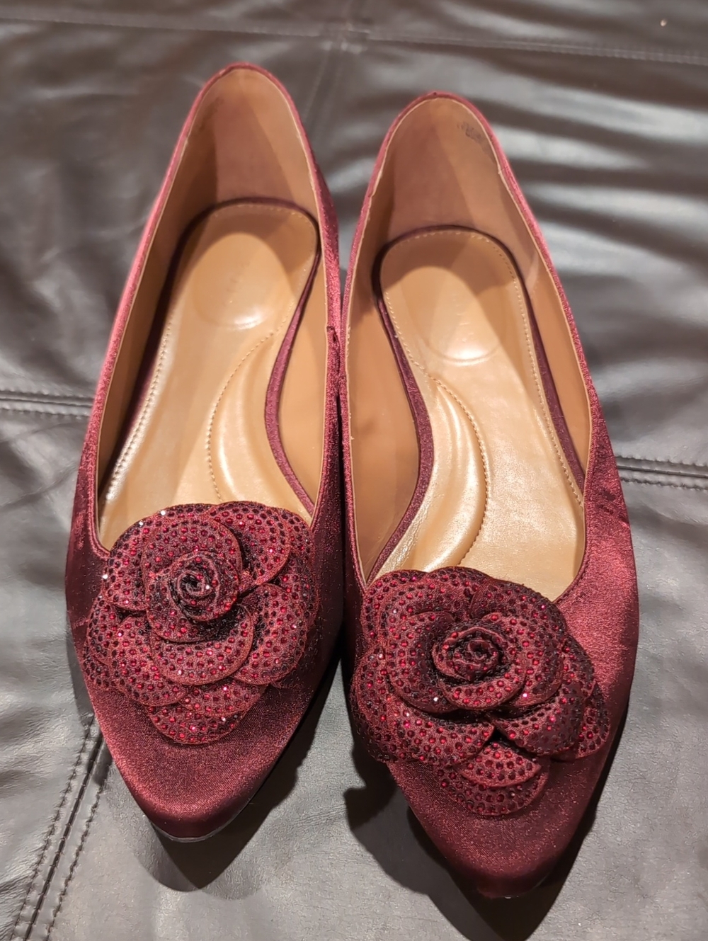 Talbots Women's Satin Pointed Toe Flats with Floral Applique - Burgundy